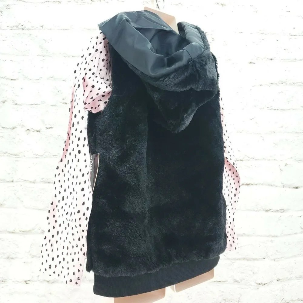 Limited Too Girls Two Piece Black Pale Pink Shirt With Faux Fur Hooded Vest Sz 6